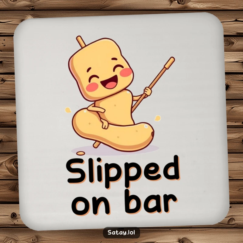 Funny Satay Skewer Coaster: A smiling skewer comically slips on a peanut, offering funny, food-themed surface protection.
