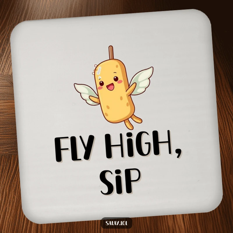 Funny coasters showing a satay skewer with peanut wings attempting flight, protecting surfaces with a hopeful message.