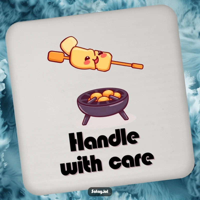 Funny satay skewer grill drink coaster, a smiling skewer balancing on a tiny grill, protecting surfaces with daring humor.
