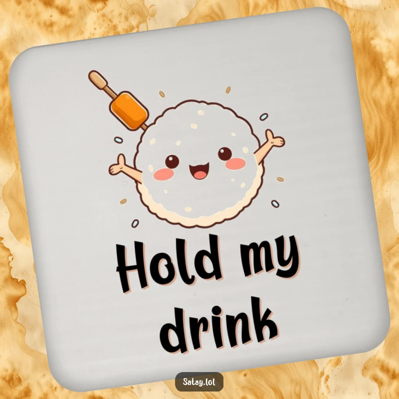 Funny satay skewer and rice ball drink coaster, a skewer embracing a rice ball, protecting surfaces with comforting humor.