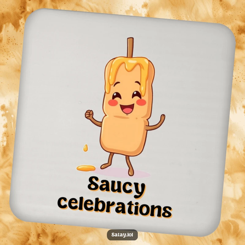 Funny coaster featuring a smiling satay skewer character doing a jig with peanut sauce drizzling, perfect for kitchens.