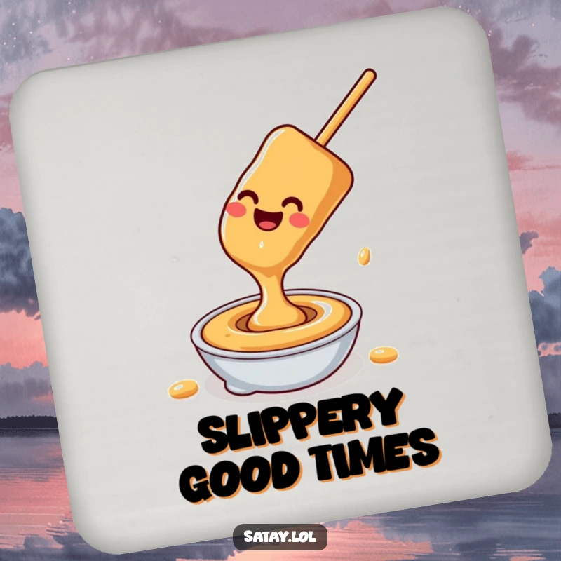 Funny satay skewer peanut sauce drink coaster, a happy skewer sliding down peanut sauce, protecting surfaces with smooth humor.