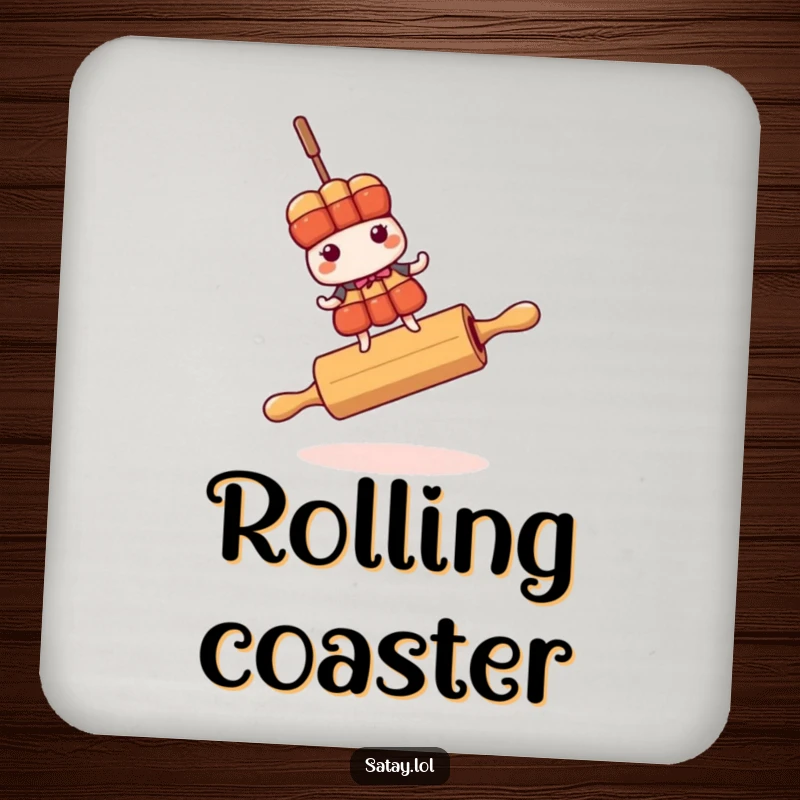 Funny satay skewer character teetering on a rolling pin on a protective drink coaster.