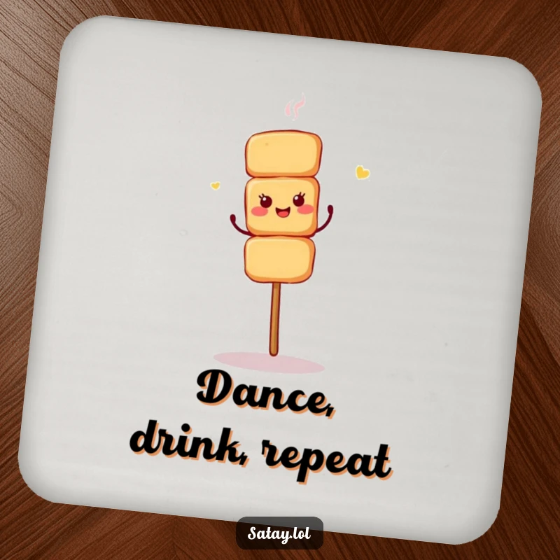 Funny drink coaster with a satay skewer performing a lively shimmy dance.