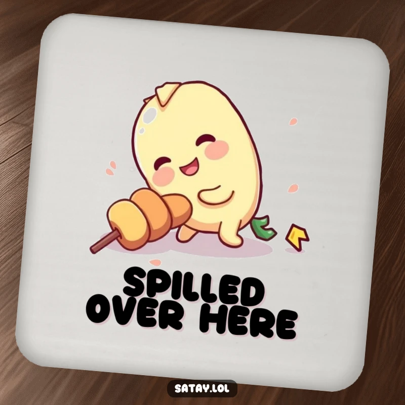 Funny drink coaster featuring a satay skewer character comically tripping over its own stick.