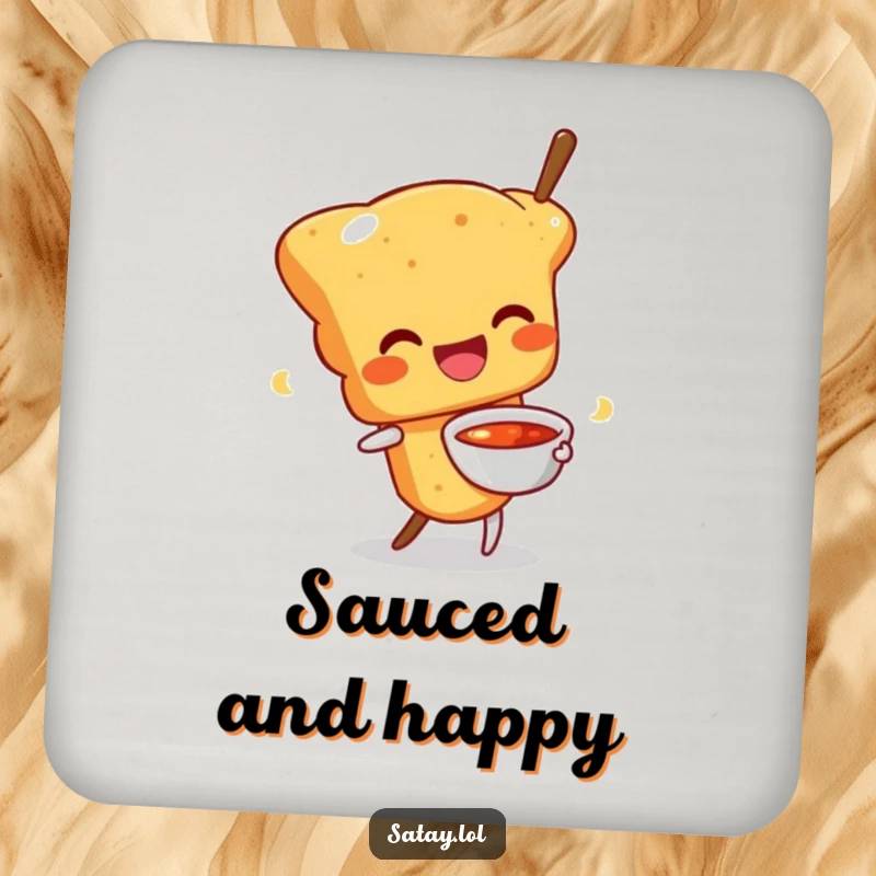 Funny drink coaster featuring a happy satay skewer character wiggling with a sauce bowl; a delightful and humorous accessory.