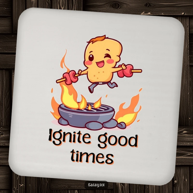 Funny satay skewer character leaping over a burning grill, featured on a protective and humorous drink coaster.