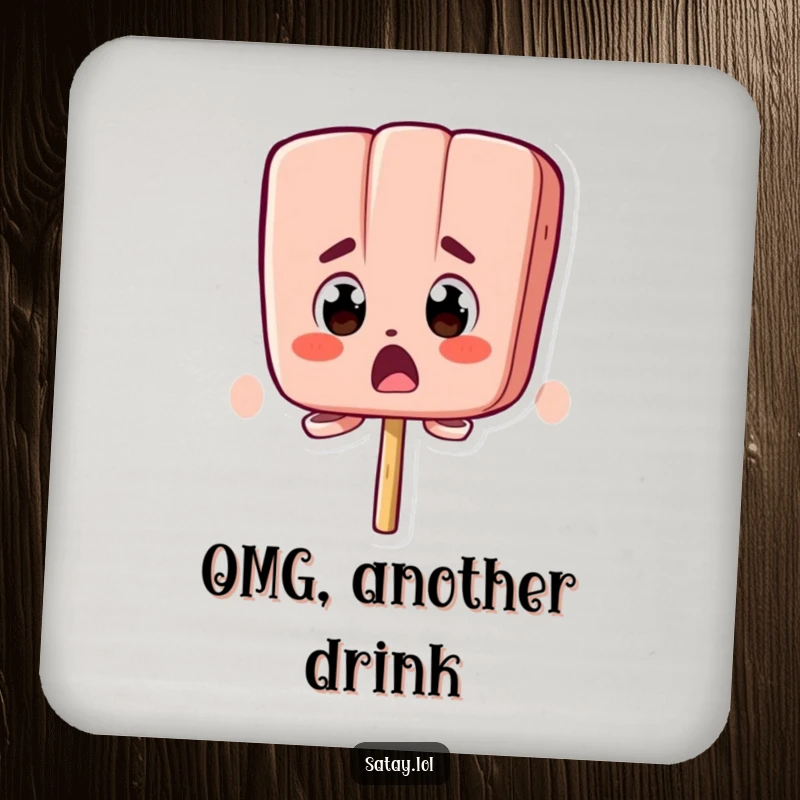 Funny drink coaster featuring a satay skewer character with comically bugging-out eyes and a surprised expression.