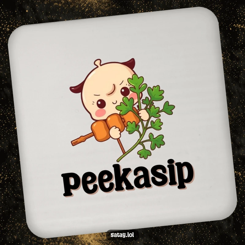 Funny Satay Skewer Coaster featuring a skewer character peeking from behind a parsley sprig, adding a touch of playful humor to any surface.