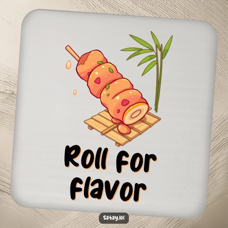 Funny satay skewer coaster, showing a skewer rolling down a bamboo mat, a humorous and protective surface art.