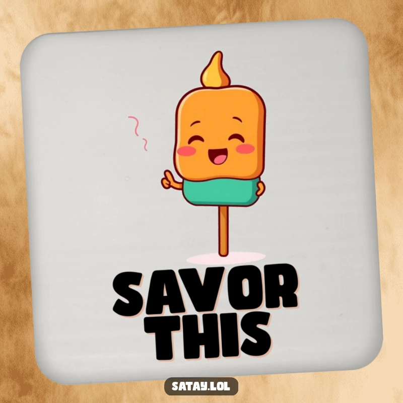 Funny satay coaster showing a happy satay skewer character excitedly pointing towards a delicious, tempting aroma.