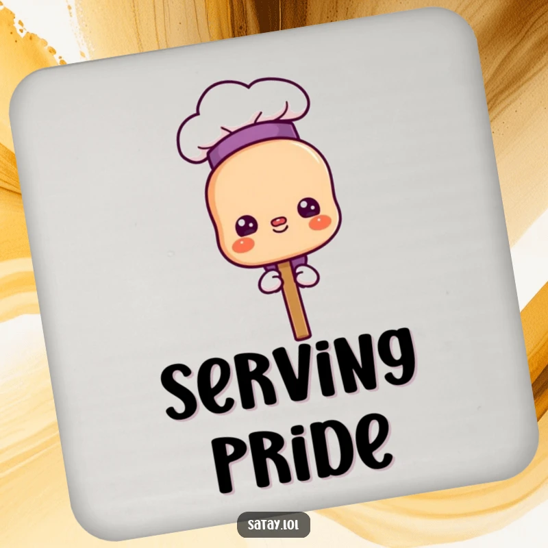 Funny proud chef satay skewer coaster, wearing a chef hat and looking proud, protects furniture from spills.
