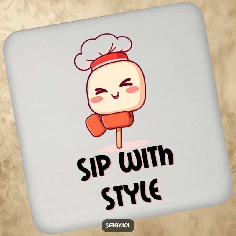 Funny coasters featuring a confident satay skewer chef with a hat, giving a wink, protecting drink surfaces.