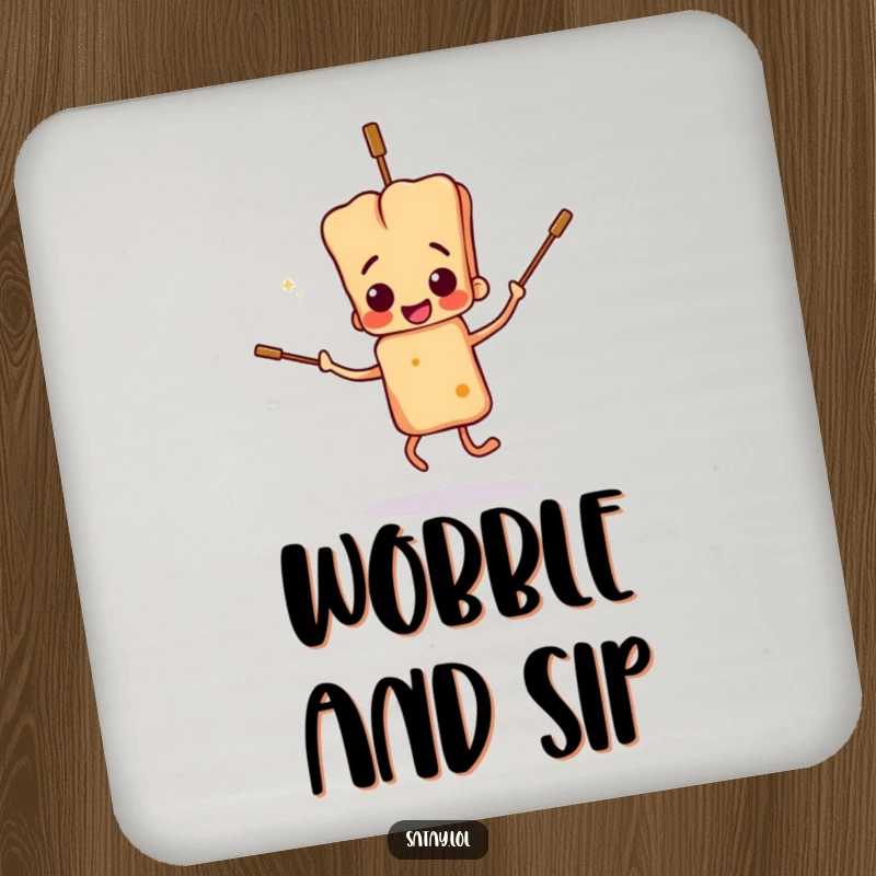 Funny satay skewer character coasters, doing a clumsy dance with floppy skewers, protecting surfaces with a humorous touch.