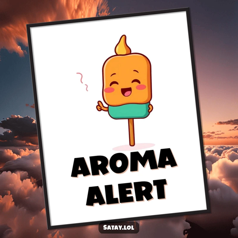 Funny satay poster featuring a happy satay skewer character excitedly pointing towards an unseen, delectable aroma.