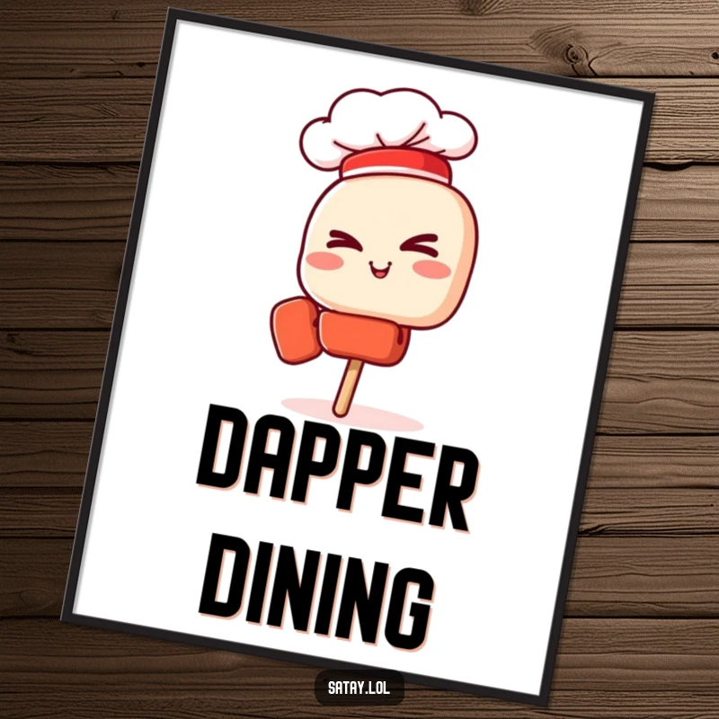 Funny poster featuring a confident satay skewer chef with a hat, giving a wink and radiating culinary expertise.