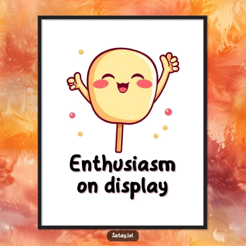 Funny Satay Art Print: An animated satay skewer raises tiny arms in a triumphant cheer. Adds playful energy. Funny gift.