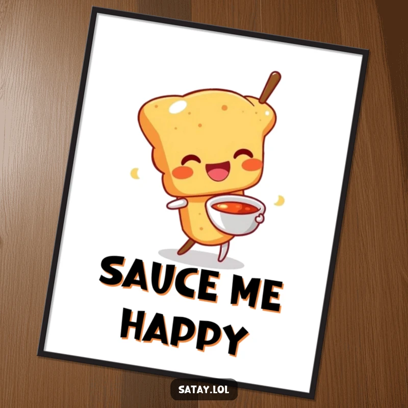 Funny poster art of a happy satay skewer character wiggling with a sauce bowl, radiating culinary delight and joy.