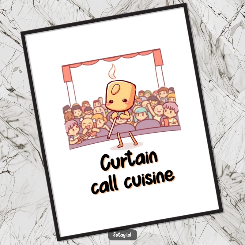 Funny satay skewer in a dramatic bow is featured on this artistic poster, bringing theatrical flair to any room.