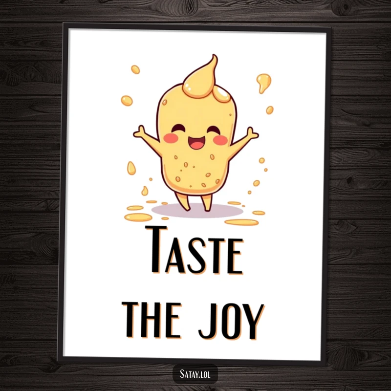 Funny poster art of a satay character doing a happy dance, with energetic sauce splatters decorating the scene.