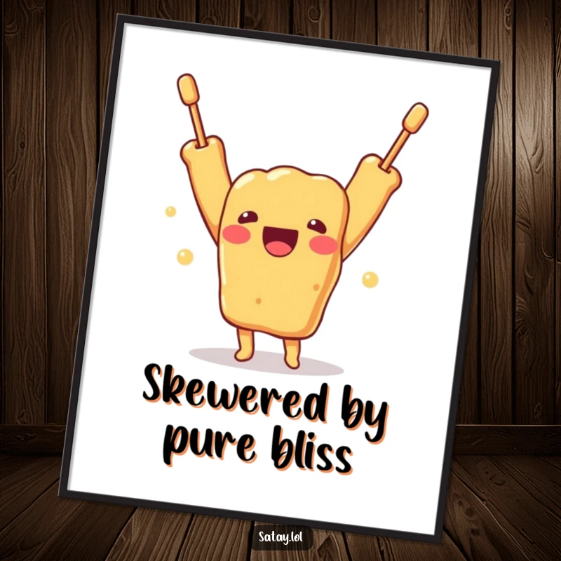 Funny poster showing a delightful satay skewer character with arms raised high in a pose of ultimate happiness and excitement.