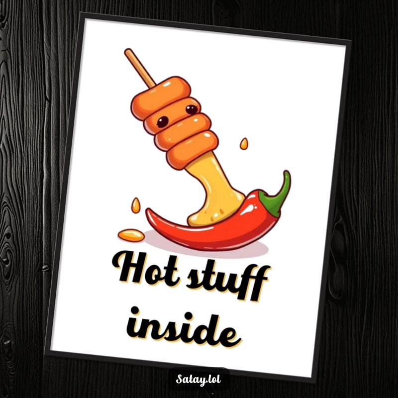 Funny poster featuring a satay skewer in mid-slide down a bright chili pepper, capturing thrilling culinary action.