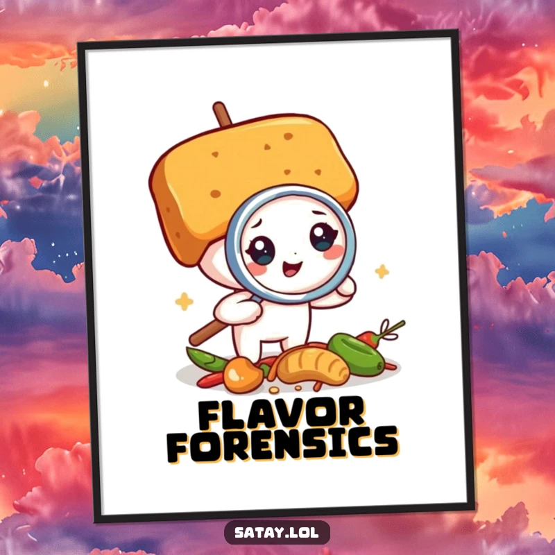 Funny satay skewer detective poster, a skewer using a magnifying glass on spices, a humorous and intriguing wall art.