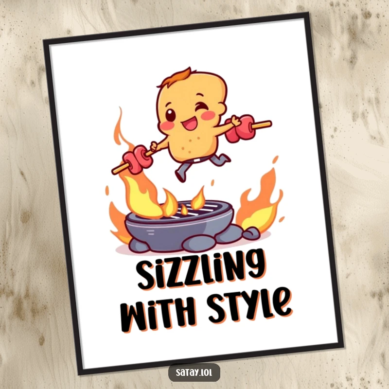Funny satay skewer character leaping over a blazing grill, captured in a high-quality, humorous poster.