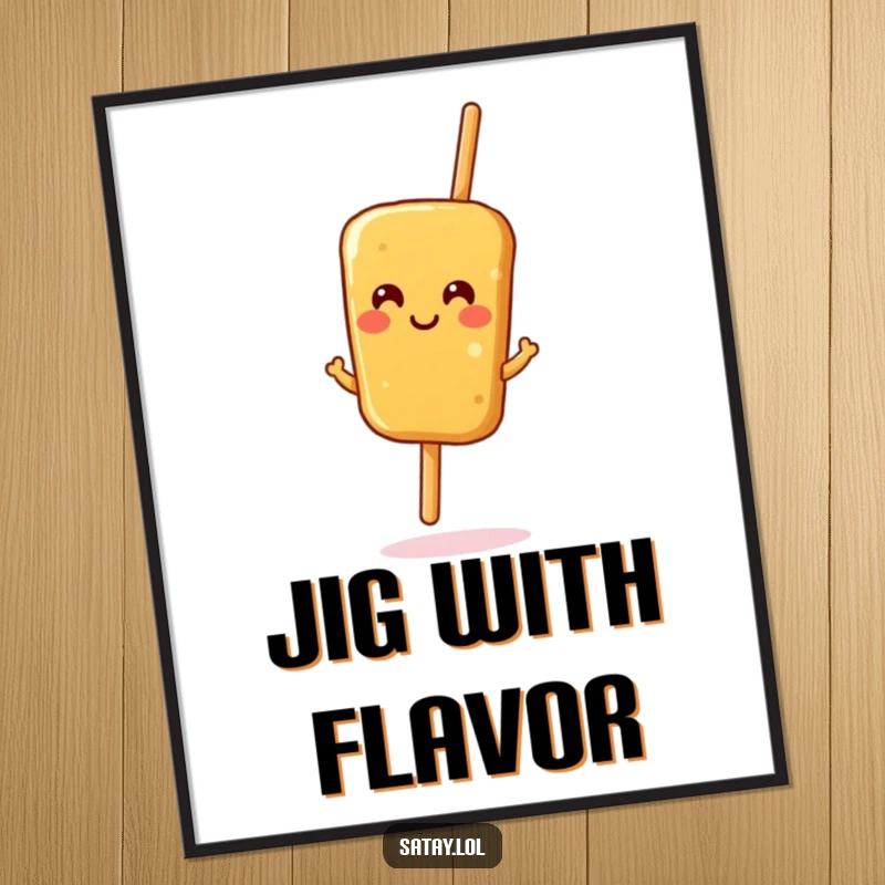 Funny satay skewer poster, a smiling skewer performing a lively jig, whimsical wall art for kitchens and dining areas.