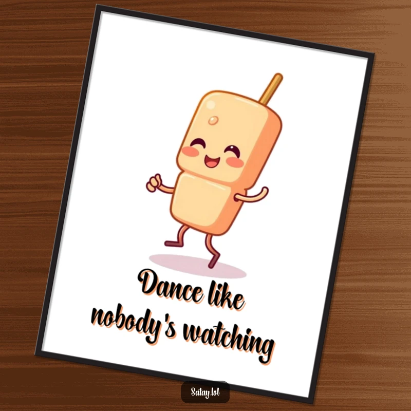 Funny Satay Skewer Poster featuring a skewer character doing a delightful jig, radiating infectious happiness and a love for dancing.
