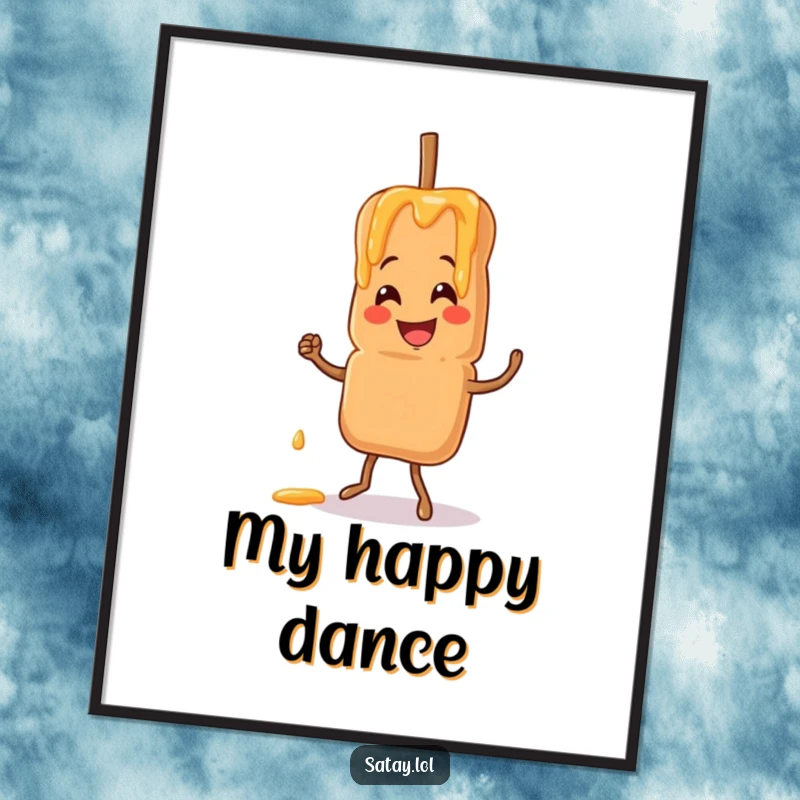 Funny poster of a smiling satay skewer character doing a jig with peanut sauce drizzling, a feast for the eyes.