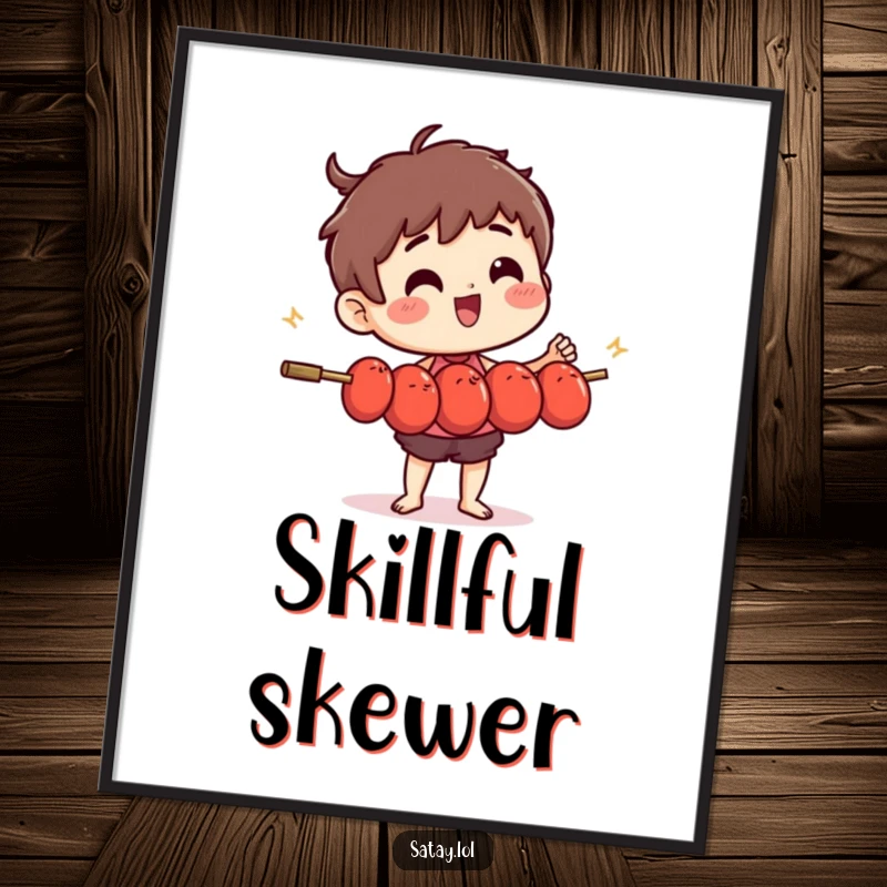 Funny satay skewer character in a dynamic pose, juggling several small, wiggling meatballs on a vibrant poster.