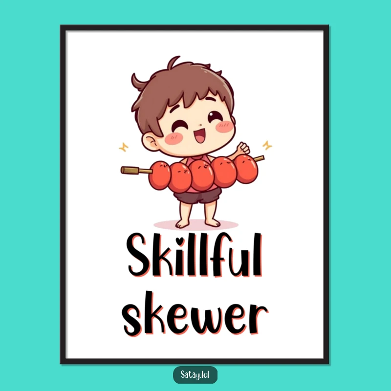 Funny Satay Skewer Juggling Meatballs Poster - Humorous Food Art Print