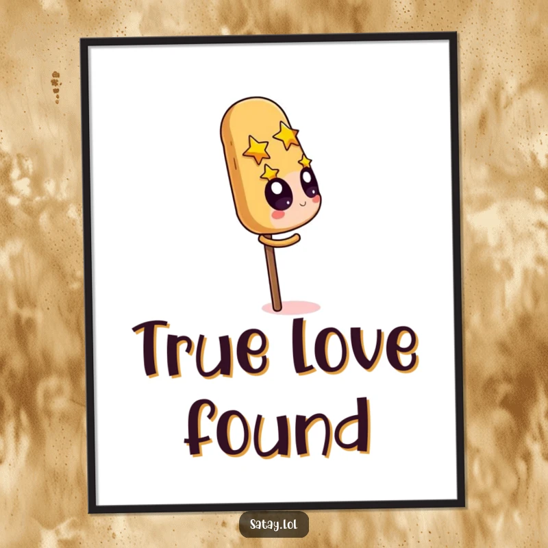 Funny Satay Skewer Poster featuring a starry-eyed character mesmerized by a giant peanut, adding quirky food art.