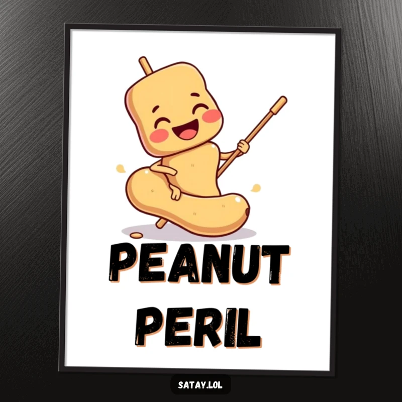 Funny Satay Skewer Poster: A smiling skewer comically slips on a peanut, adding funny food-themed art to walls.
