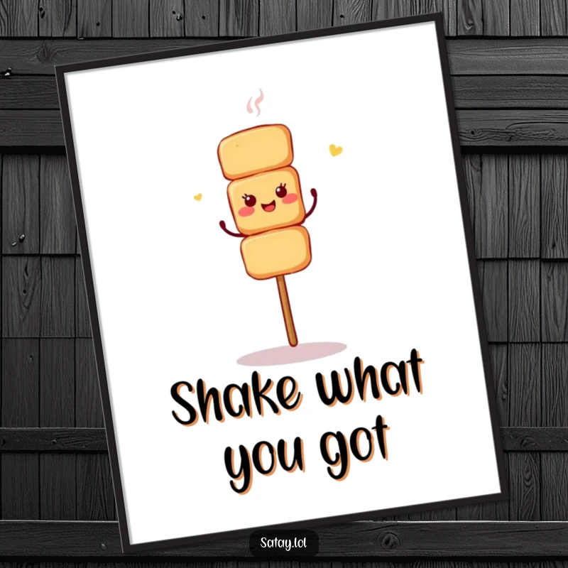 Funny poster of a satay skewer doing an energetic shimmy dance, full of life and motion.