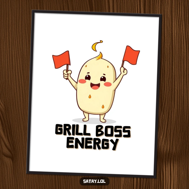 Funny Satay Character Poster: A jubilant satay enthusiastically waves a miniature grill flag, creating a festive and humorous wall decoration.