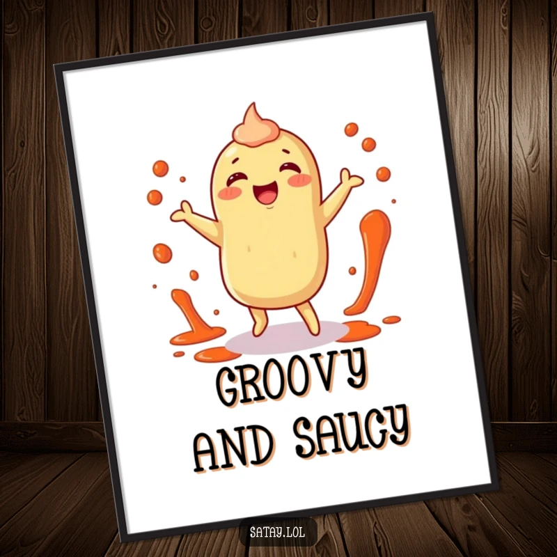 Funny satay poster featuring a happy satay character doing a little dance with sauce splatters, adding lively humor.