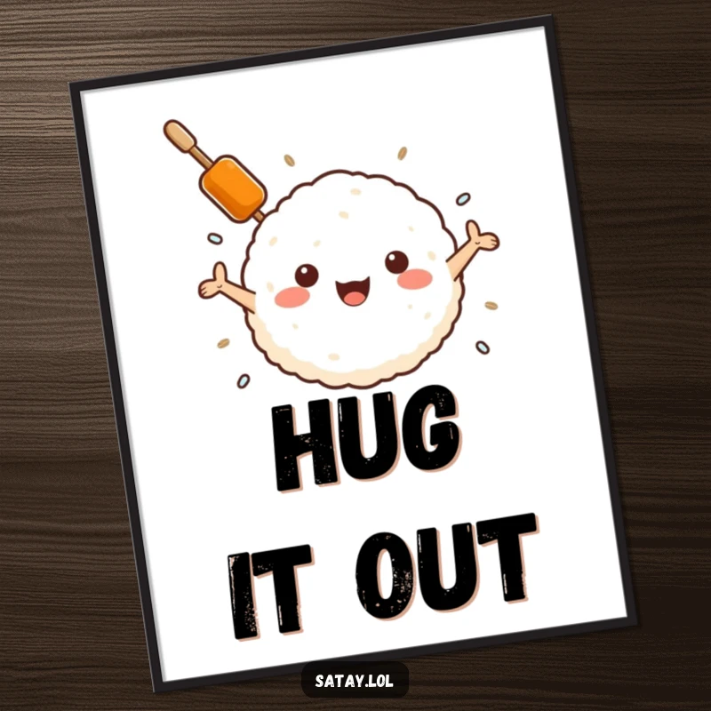 Funny satay skewer and rice ball poster, a skewer embracing a rice ball, heartwarming and humorous wall art.