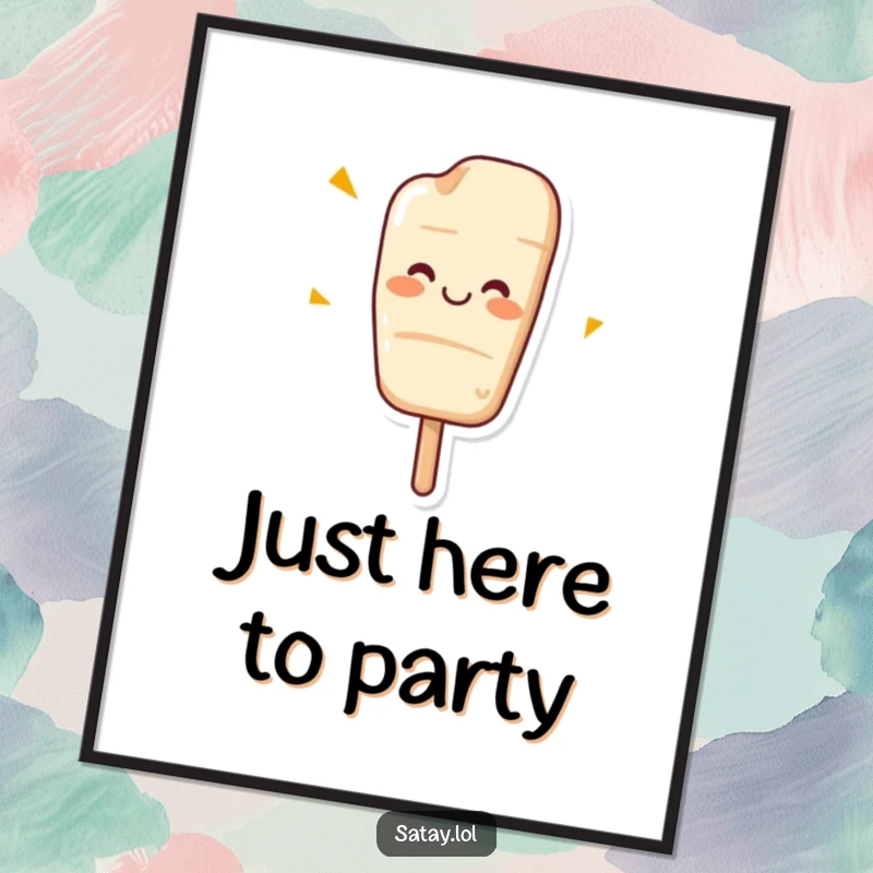 Funny poster of a happy satay skewer with a big grin, captured in a joyful wiggling motion.