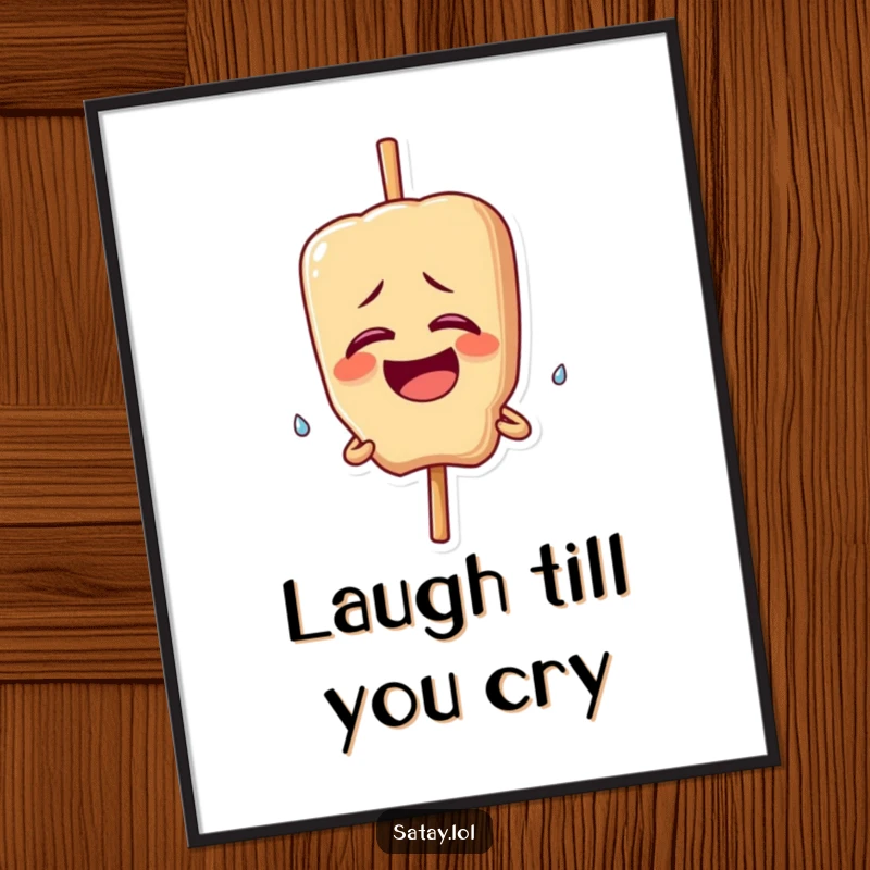 Funny poster art of a satay skewer character giggling uncontrollably, a single happy tear falling; perfect for comedy lovers.