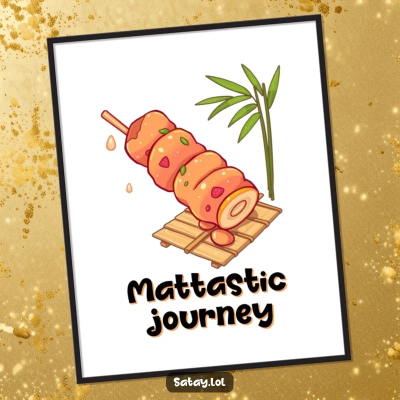 Funny satay skewer poster, depicting a skewer rolling with energetic gusto down a bamboo mat, a playful and artistic food scene.