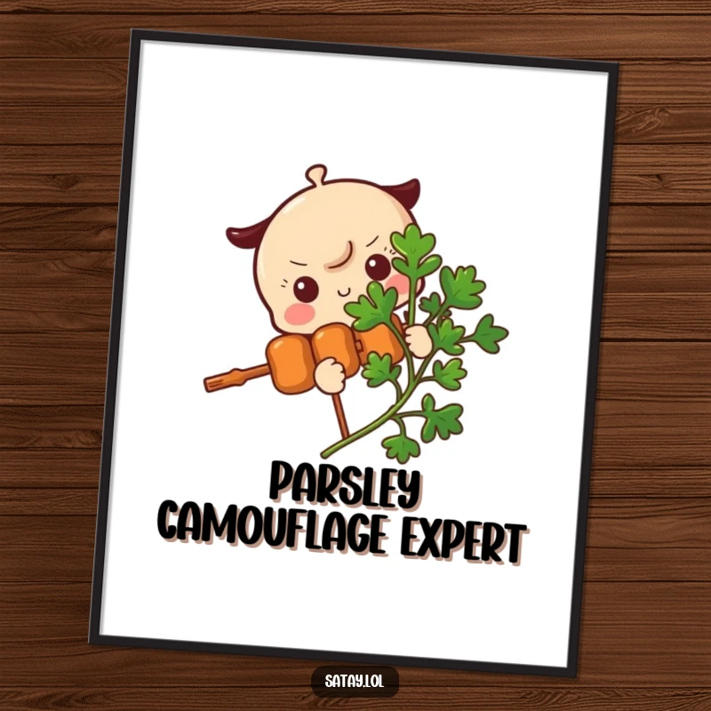 Funny Satay Skewer Poster featuring a skewer character shyly peeking from behind a parsley sprig, adding a delightful and humorous element to decor.