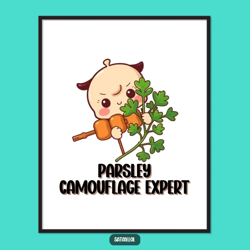 Funny Satay Skewer Parsley Peek Poster - Shy Skewer Character Art Gift