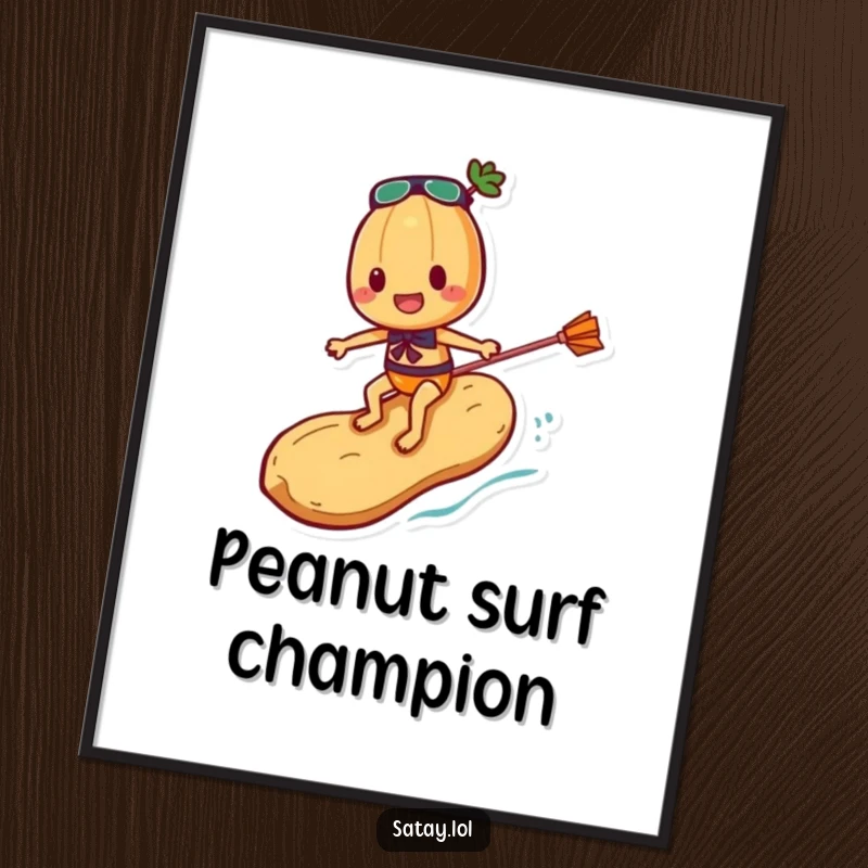 Funny Satay Skewer Poster capturing a skewer character in mid-air, surfing a peanut with incredible skill and a look of pure exhilaration.