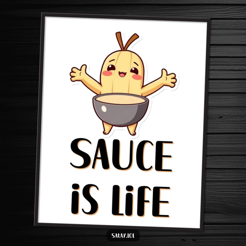 Funny poster art of a satay character with open arms, embracing a bowl of delectable dipping sauce.