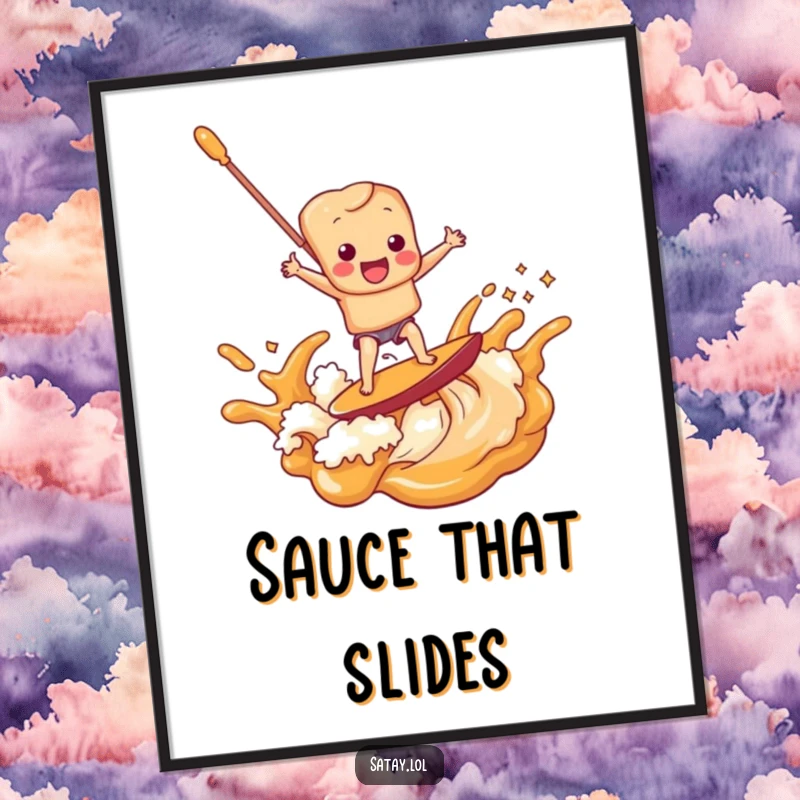 Funny satay skewer character surfing a delicious peanut sauce wave, presented as a lively and humorous poster.