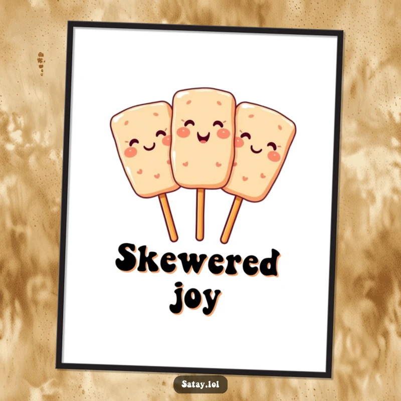 Funny poster showcasing a smiling satay skewer winking, perfect for kitchen decor and food enthusiasts.