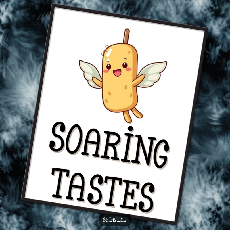 Funny poster featuring a satay skewer with peanut wings trying to fly, symbolizing hope and the pursuit of dreams.