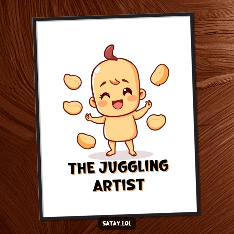 Funny happy satay skewer poster, character juggling peanut shells with a smile, vibrant and fun wall art.